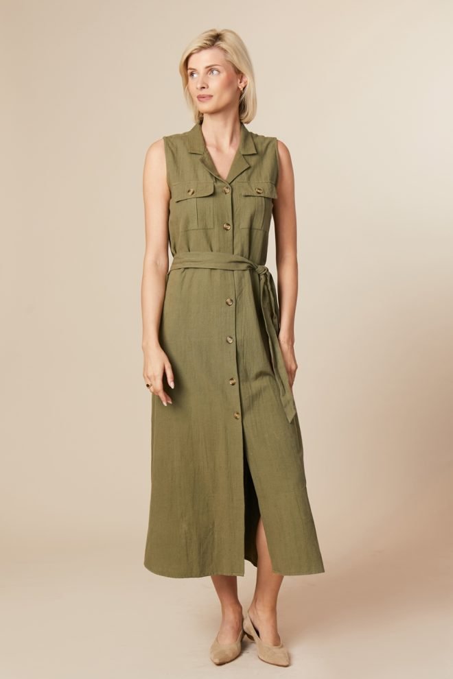 Jessica Graaf sleveless utility belted dress in khaki 29701-037
