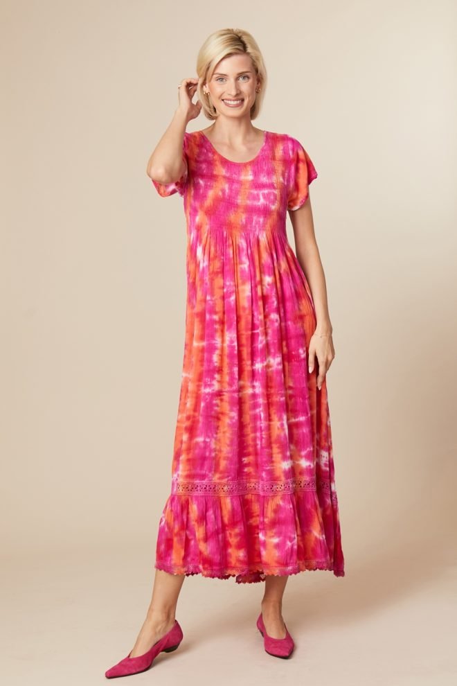 Jessica Graaf  tie-dye pink smocked maxi dress 29761-010