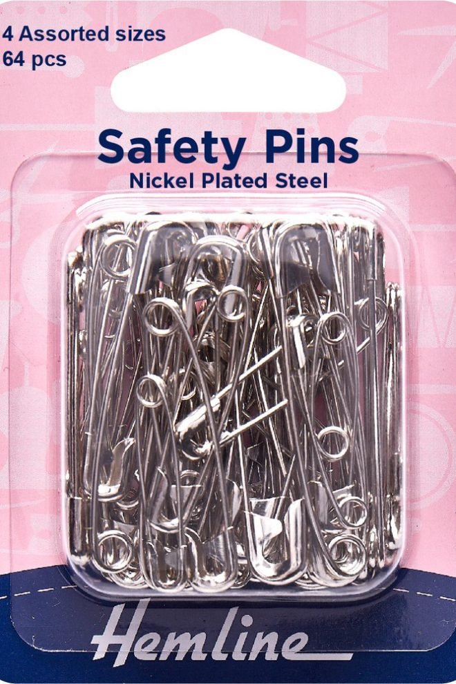 Safety pins assorted sizes nickel, 64 pcs 410.99.64