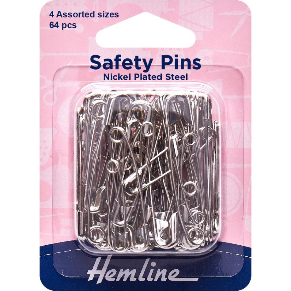 Safety pins assorted sizes nickel, 64 pcs 410.99.64