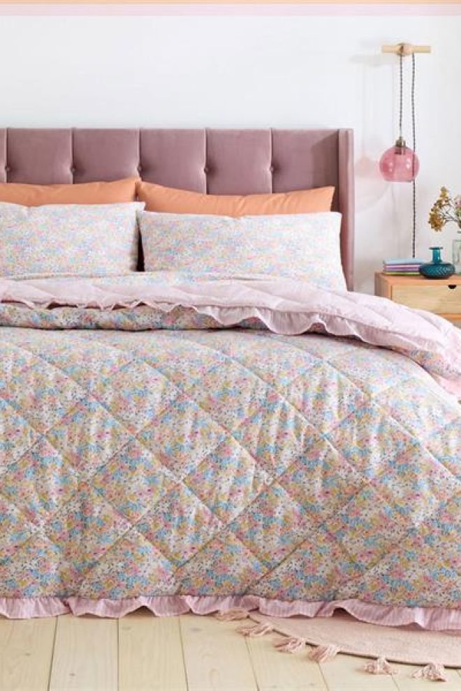 Catherine Lansfield Darcy floral frill reversible bedspread DARCY-BEDSPR-1