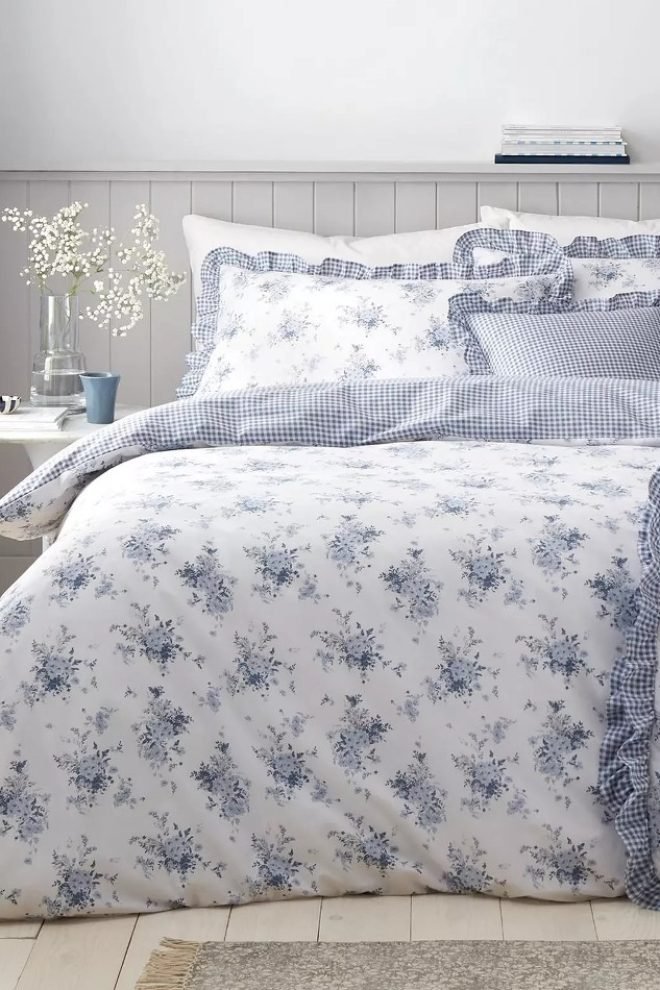 Catherine Lansfield blue Lucie floral frill reversible bedspread LUCIE-BEDSPR-1