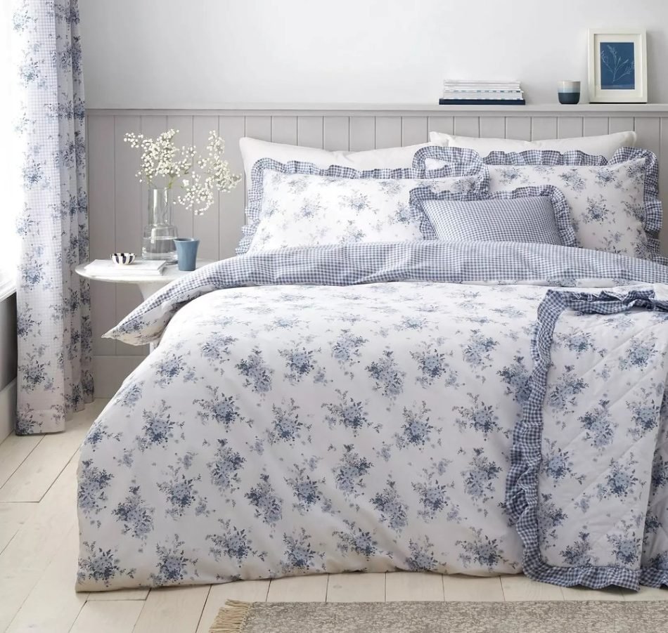 Catherine Lansfield blue Lucie floral frill reversible bedspread LUCIE-BEDSPR-1