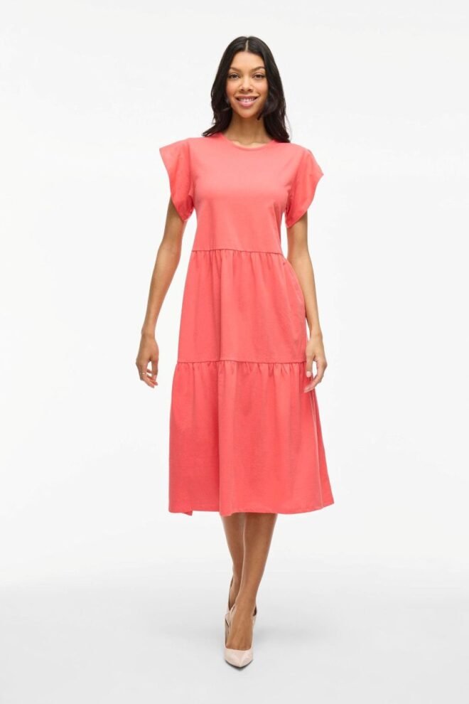 Short sleeves basic cotton midi dress in coral 14087542-COR-1
