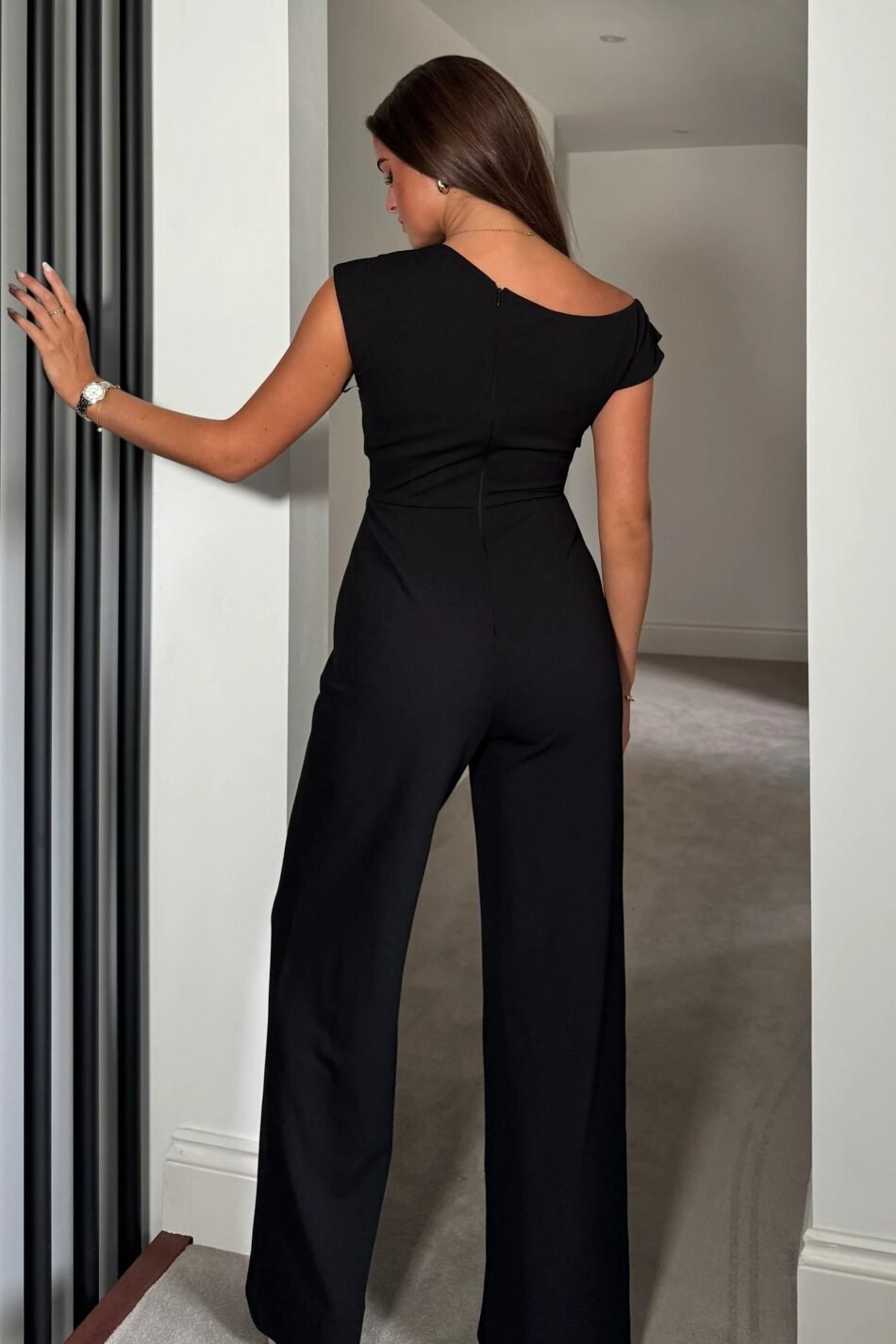 Donna Asymmetric Neckline Black Jumpsuit SI8668-A-1 - Image 3