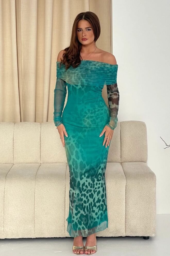 Girl in Mind Reine Off The Shoulder Green Leopard Print Maxi Dress SI8779-A