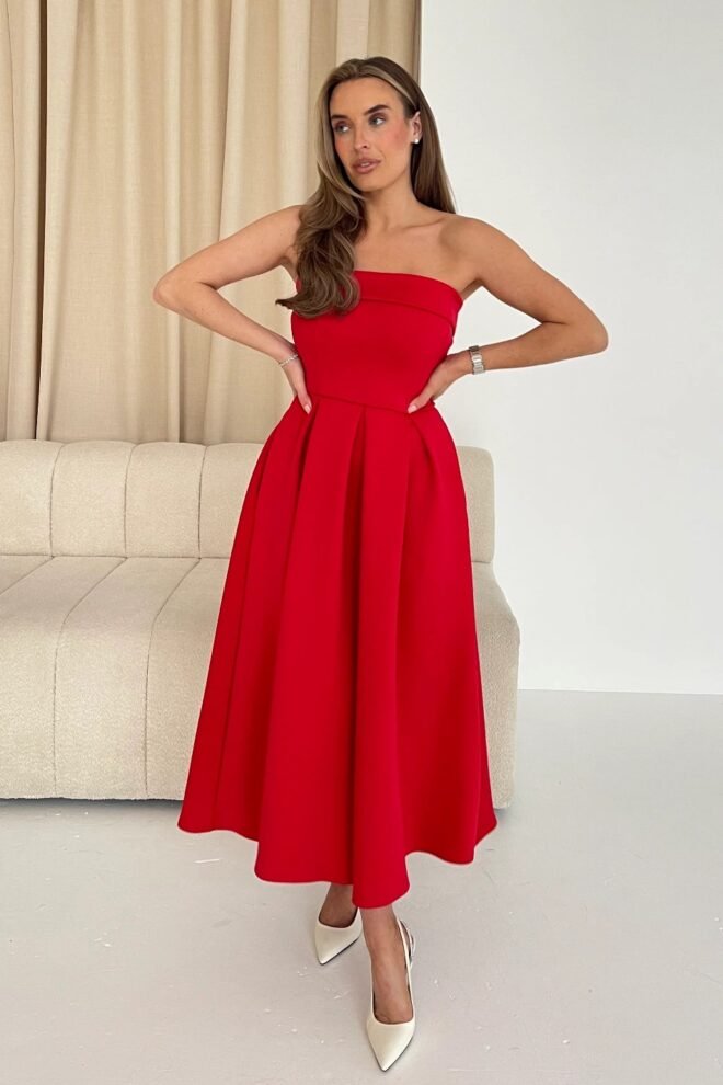 Girl in Mind Danni Strapless Bandeau Midi Dress in Red SI8893-A