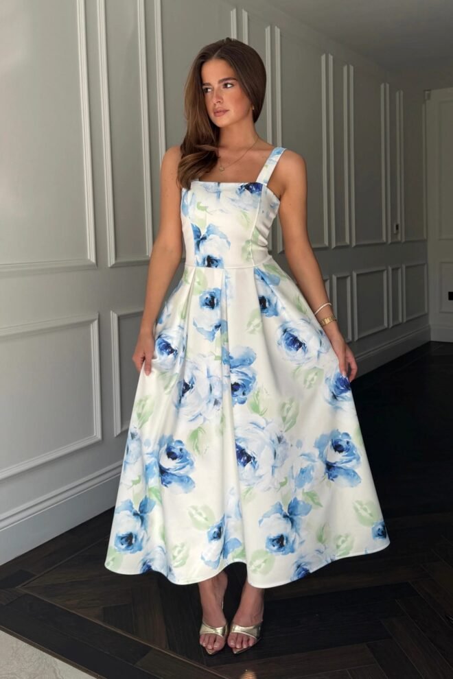 Girl in Mind Heather  Blue Floral Pleated Skirt Midi Dress SI8934-A