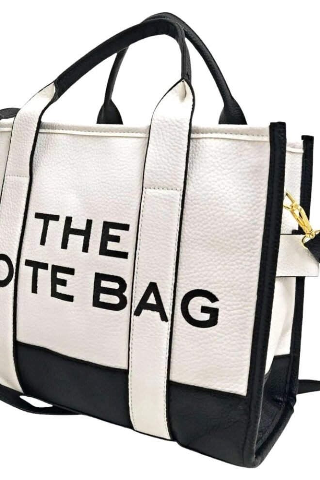 Medium Large Leather Look Tote Bag TOTE-WHIBLK-8928