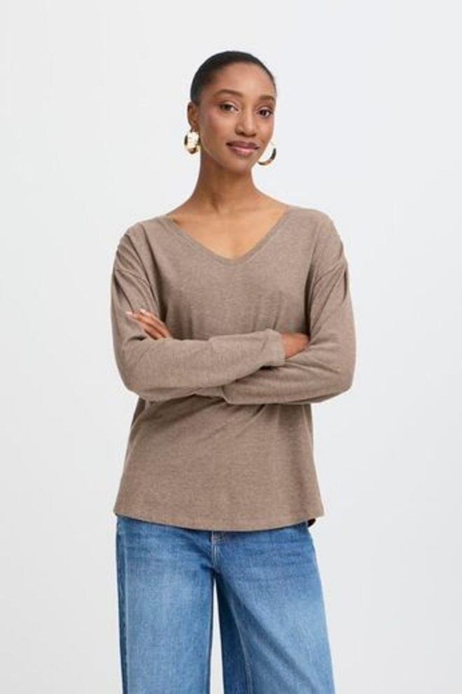 B.Young BYPAMILA Long Sleeve V-neck T-Shirt Walnut Melange BYPAMILA-LS-V-WAL-1