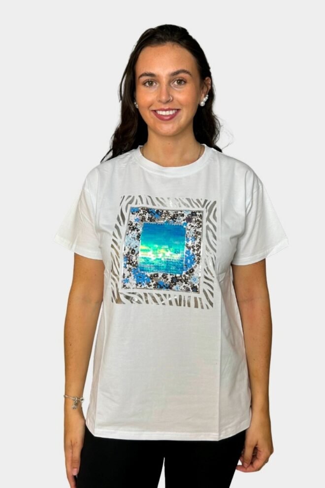 White Tee with Blue Print, Fits Sizes M to XL TEE1-BLUE