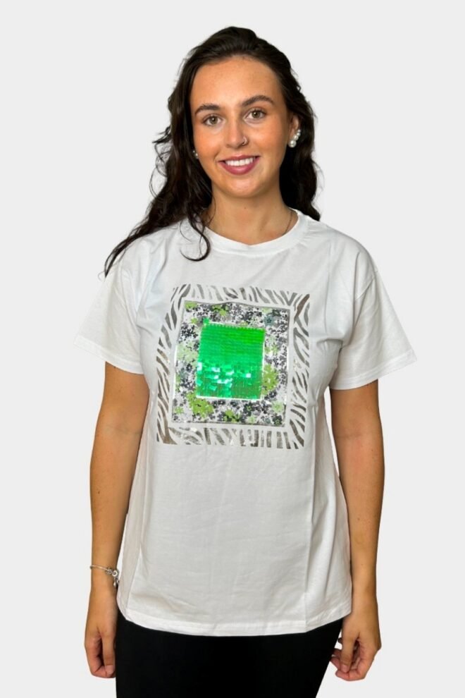 White Tee with Green Print, Fits Sizes M to XL TEE1-GREEN