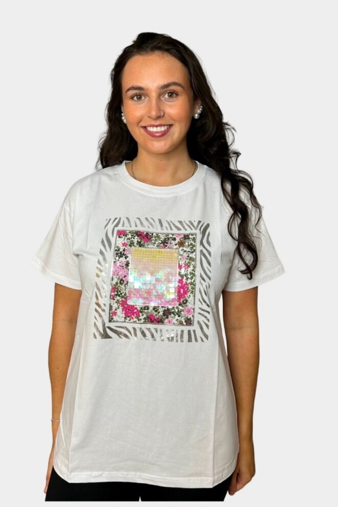 White Tee with Pink Print, Fits Sizes M to XL TEE1-PINK