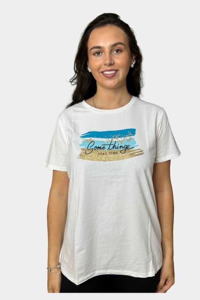 White Tee with Blue Quote Print, Fits Sizes M to XL TEE2-BLUE