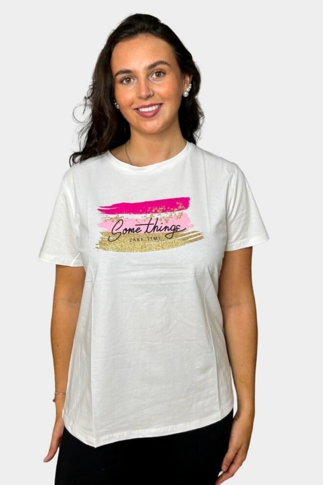 White Tee with Pink Quote Print, Fits Sizes M to XL TEE2-PINK