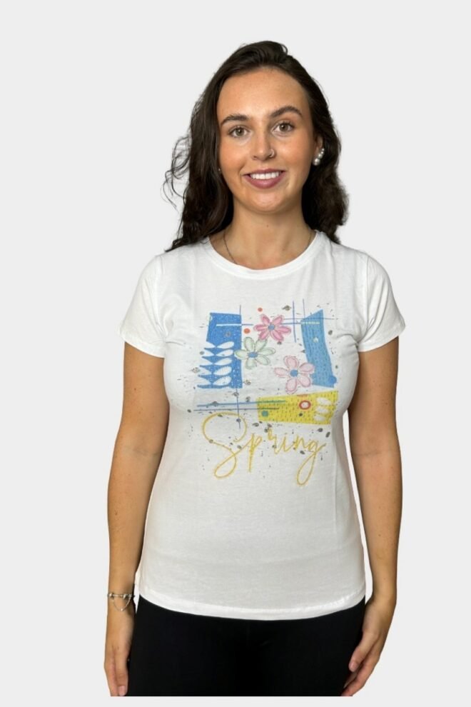 White Tee with Blue Spring Print, Fits Sizes S to M TEE3-BLUE