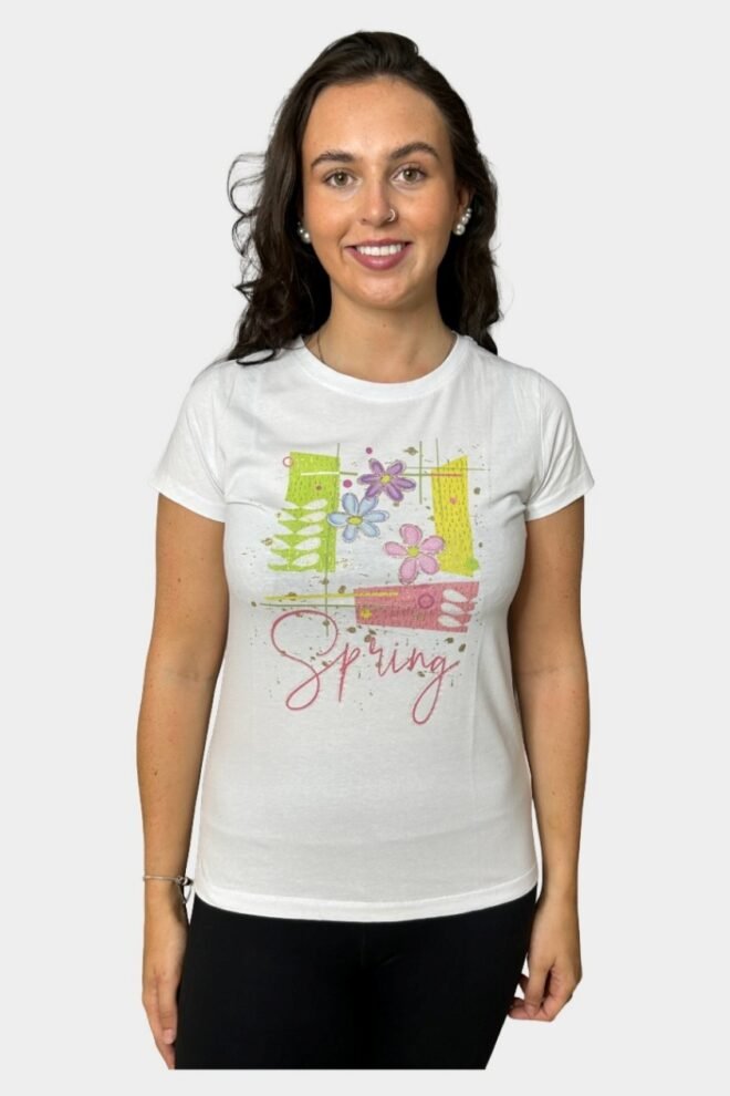 White Tee with Green Spring Print, Fits Sizes S to M TEE3-GREEN