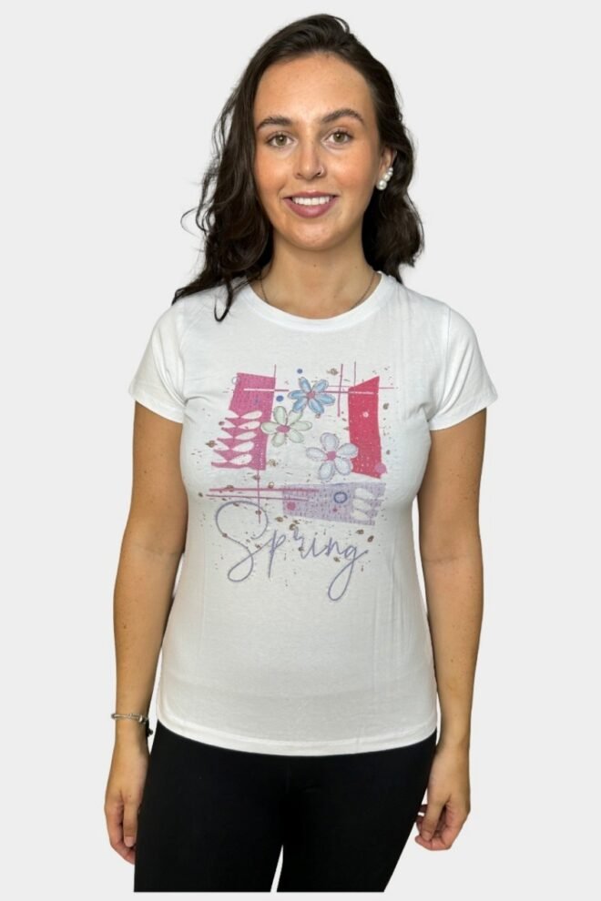 White Tee with Pink Spring Print, Fits Sizes S to M TEE3-PINK