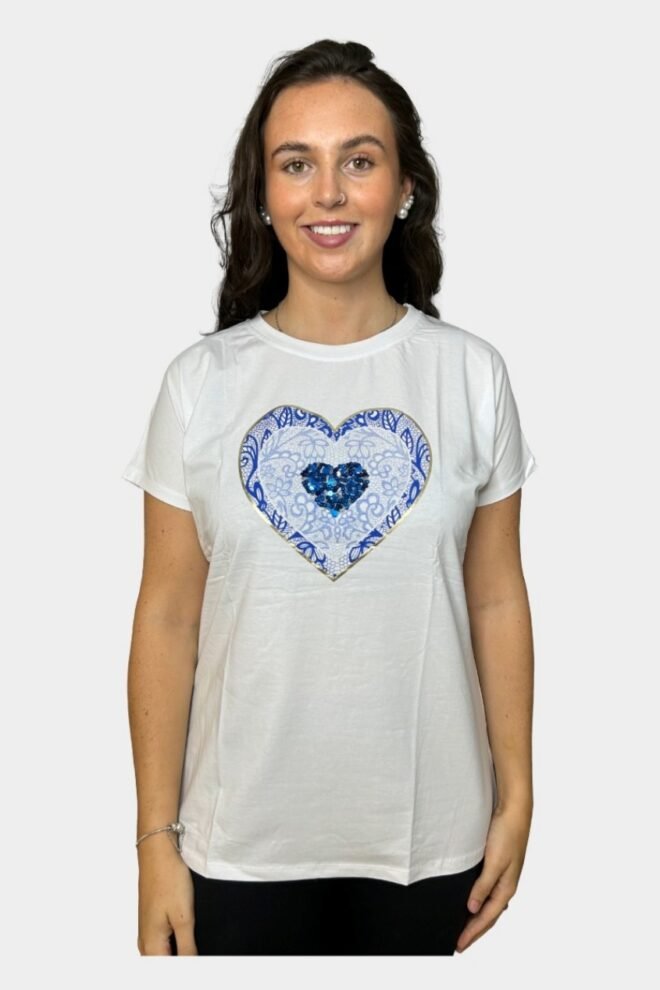 White Tee with Navy Heart Print, Fits Sizes M to XL TEE4-NAVY