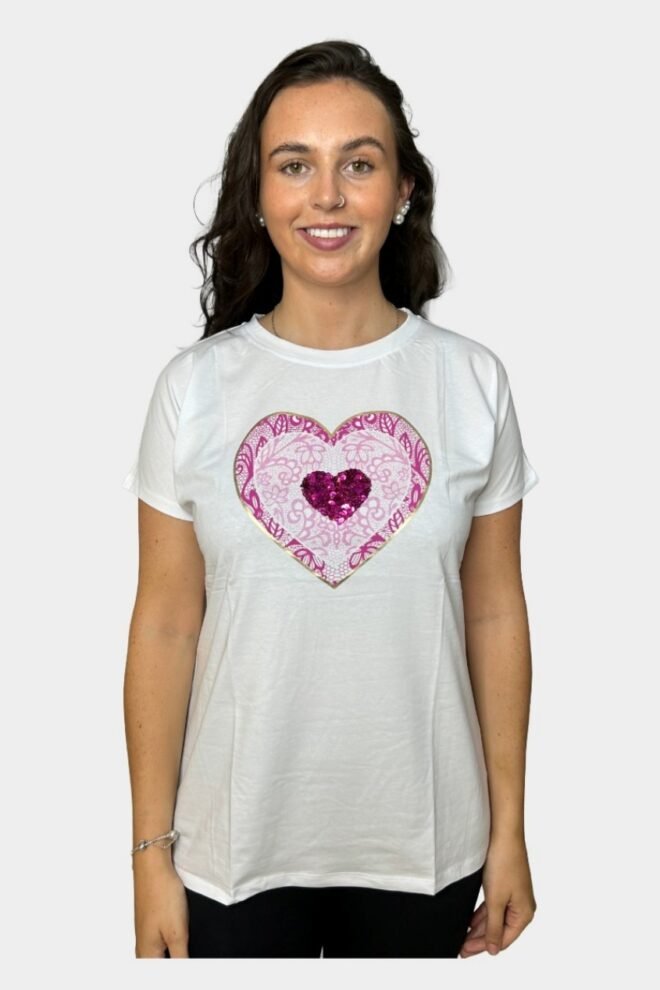 White Tee with Pink Heart Print, Fits Sizes M to XL TEE4-PINK