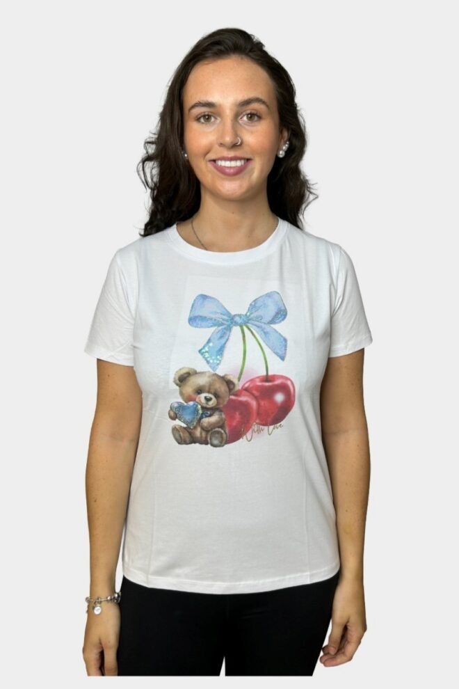 White Tee with Teddy And Cherries Print TEE8