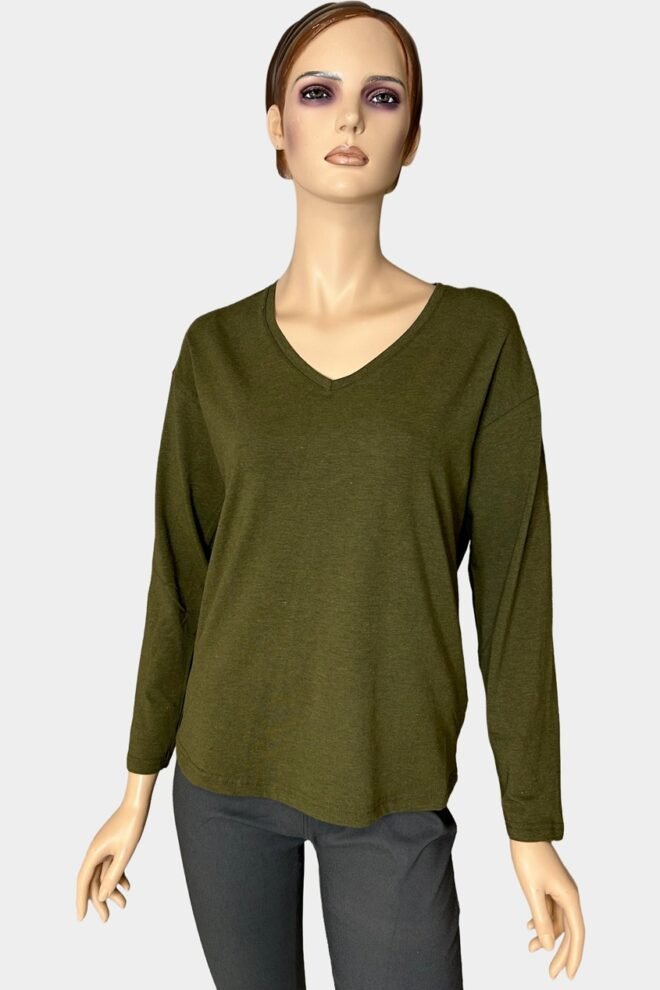 B.Young BYPAMILA Long Sleeve V-neck T-Shirt Military Olive Melange BYPAMILA-LS-V-OLI-1