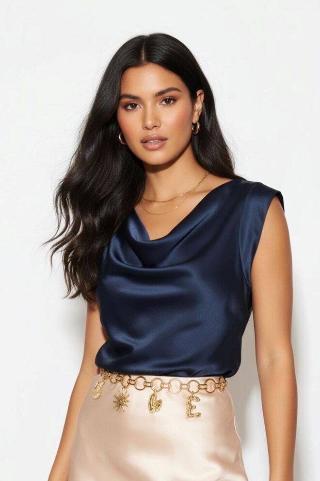 Marc Angelo Satin Top Navy SATIN-NAV-1