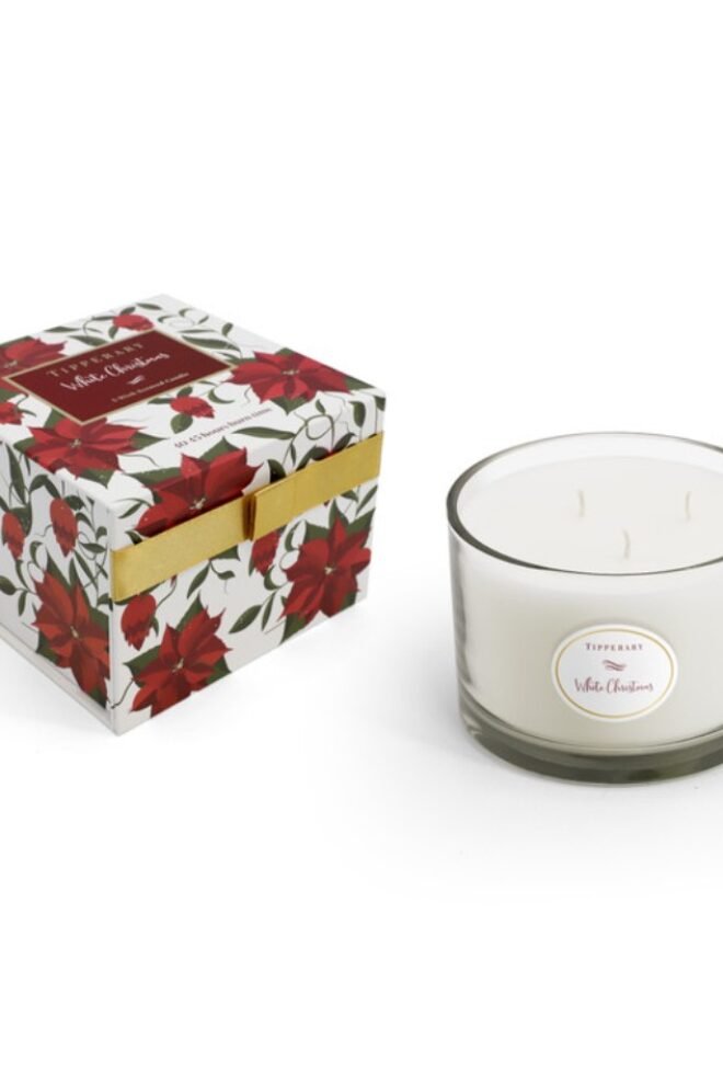 Tipperary Crystal Poinsettia White Christmas 3 Wick Candle 155848