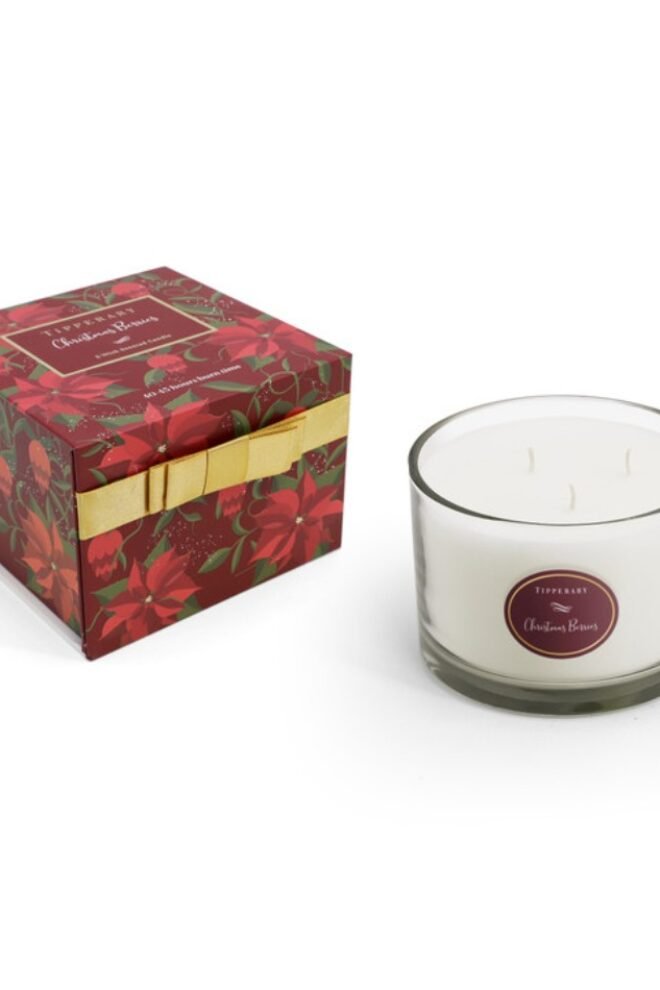 Tipperary Crystal Poinsettia Christmas Berries 3 Wick Candle 155855